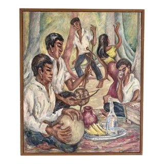 Vintage Mj Beaman Cambodian Dancers Original Canvas Oil Painting Framed Art For Sale