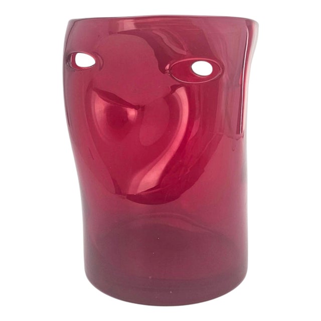 Hand-Blown Ruby Red Pinched Art Glass Vase Modernist 8" For Sale