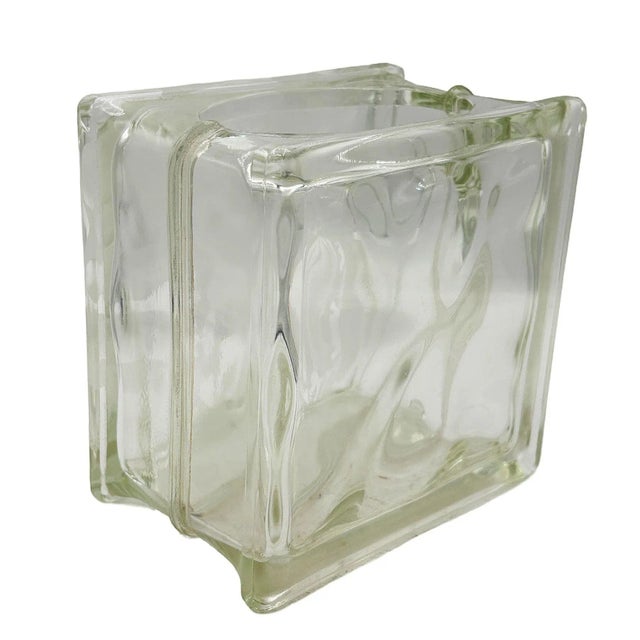 Original 1970s Brutalist glass block table vase with an acid-etched hibiscus along the front. The vase features a 6"...