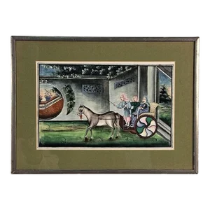 Chinese Painting on Pith Paper of Riders in a Carriage, Circa 1840