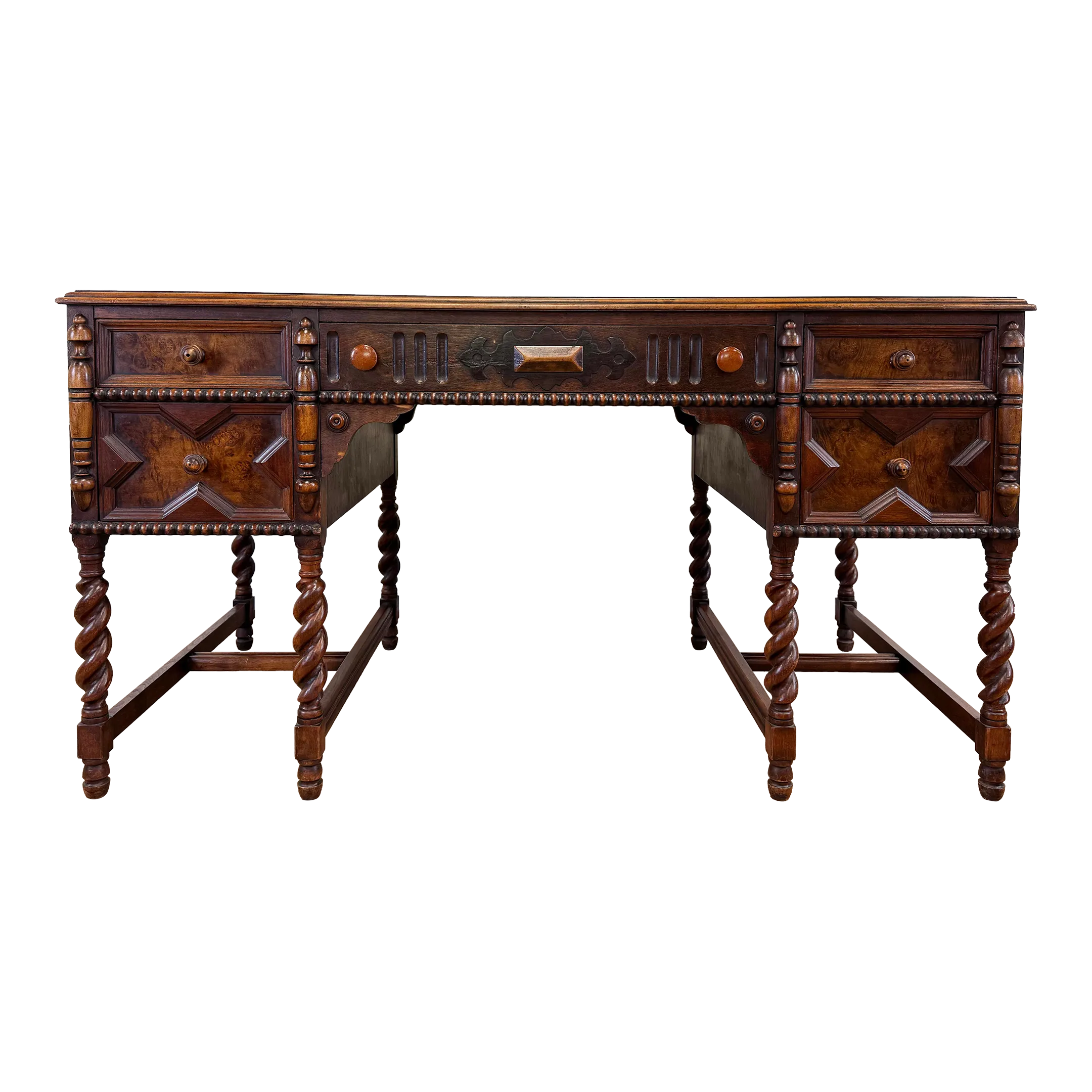 Antique Jacobean Style Barley Twist Turned Wood Desk by Johnson