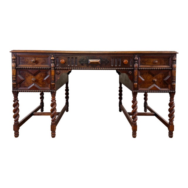 Antique Johnson-Handley-Johnson Co Jacobean Style Barley Twist Turned Wood Desk For Sale