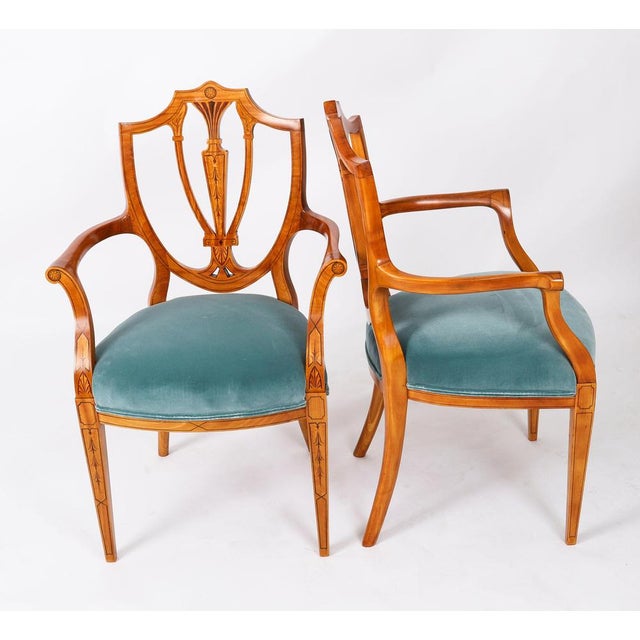 This is a rare set of eight antique solid satin wood Hepplewhite Revival Shield Back dining chairs, stamped Cowtan & Sons,...