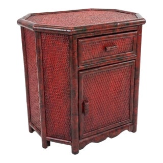 Vintage Red Faux Tortoiseshell Bamboo & Rattan Octagonal Side Table - Newly Painted For Sale