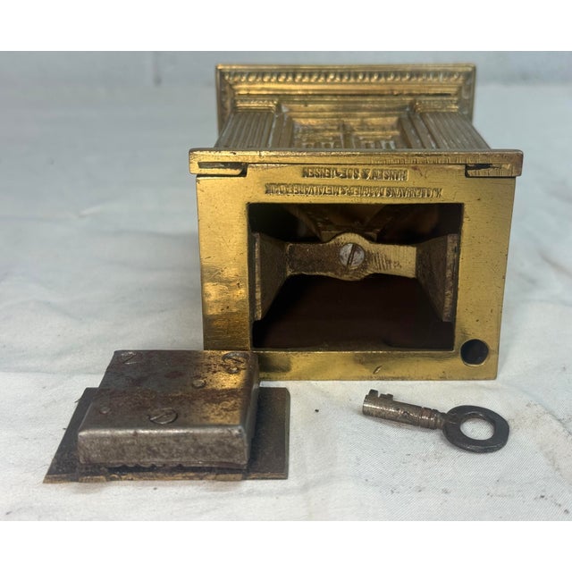 Rare Antique Sparekassen Denmark Brass Savings Building Still Coin Bank W/ Key For Sale - Image 10 of 12