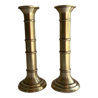 Vintage MCM Brass Faux Bamboo Candlestick Holders - a Pair For Sale