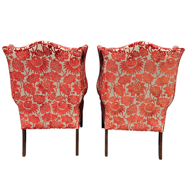 Pair of Late 20th Century Custom Upholstered Wingback Armchairs in Red and Ivory Floral Cut Velvet For Sale - Image 4 of 14