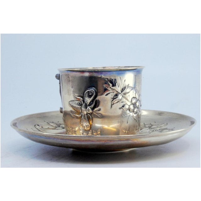 Silver Art Nouveau Silver Cup and Saucer with Insects and Floral Motifs Relief and Tree Trunk-Shaped Handle, Set of 2 For Sale - Image 8 of 9