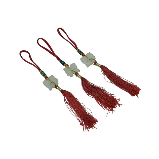 Set 3 Chinese Jade Stone Carved Accent Charm Tassel Display Art For Sale - Image 4 of 5