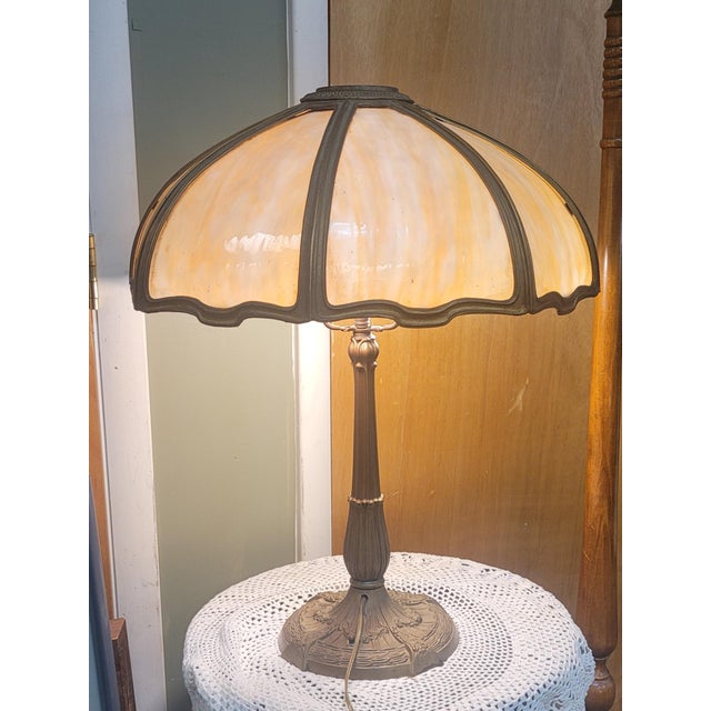 Almond Antique Slag Glass Table Lamp For Sale - Image 8 of 11