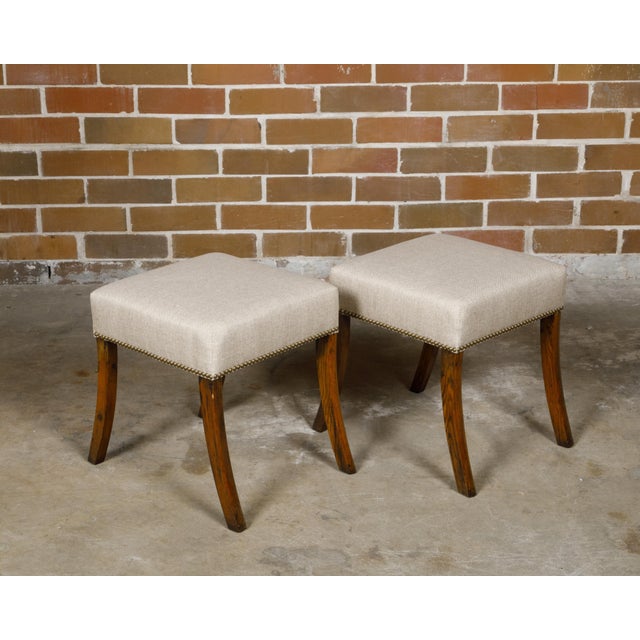 Wood Pair of English 19th Century Oak Stools with Saber Legs and Custom Upholstery For Sale - Image 7 of 12