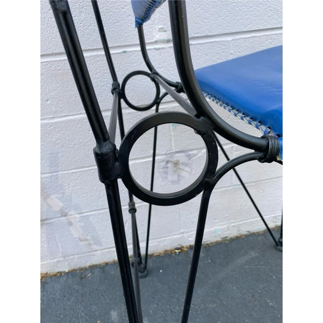 Chic Vintage Mid-Century Ilana Goor Style Counter Height Iron Stools - A Pair -in Blue Faux Leather For Sale In Los Angeles - Image 6 of 12