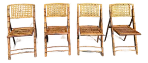 Mid Century Tortoise Shell Style Burnt Bamboo Folding Chairs- Set of 4