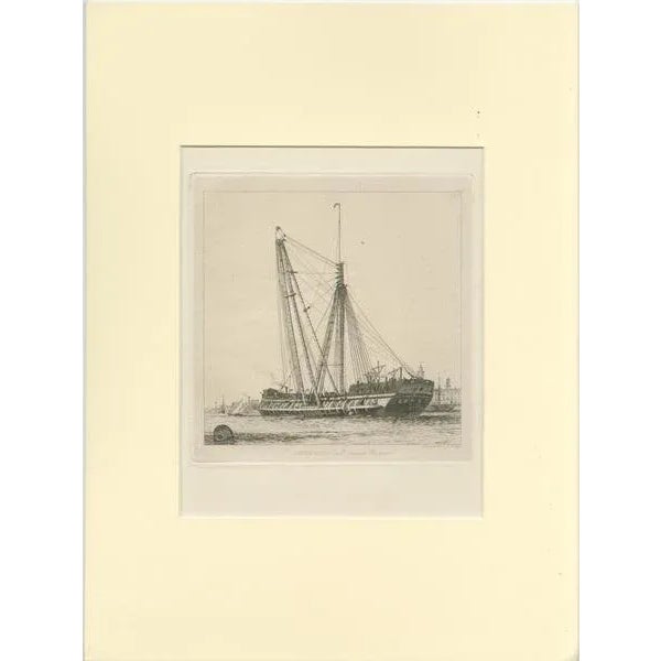 Antique print titled 'Sheer-Hulk in Portsmouth Harbour'. A fine etching by Edward William Cooke showing a sheer hulk (or...