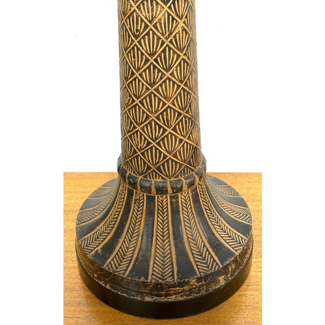 Late 20th Century Pair of British Colonial Style Bronze Palm Tree Lamps with Carved Tribal Motifs For Sale In Atlanta - Image 6 of 12