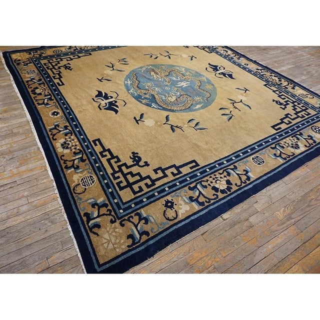 Antique Mongolian Design Chinese Geometric Medallion Square Hand Knotted Rug, Country of Origin: China, Circa Date: 1890s....
