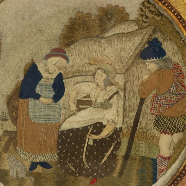 Antique Georgian Applique Embroidery depicting a country scene. The embroidery is worked in a variety of threads and...