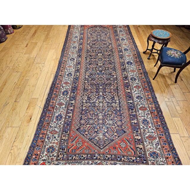Antique Persian Malayer Gallery Rug, Hand-Knotted Wool, Geometric Pattern, 7x15, Navy & Ivory For Sale - Image 4 of 18