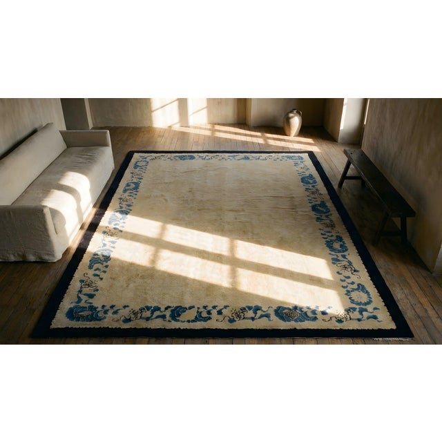 Enchanting Beige Background Color and Black Border With Tone-on-Tone Pattern Antique Chinese Peking Rug For Sale - Image 13 of 15
