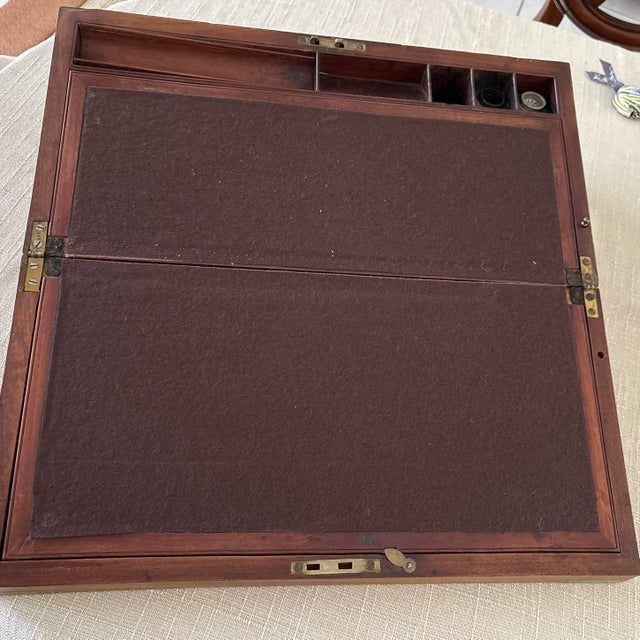 Late 19th Century Antique Mahogany Travel Desk C. 1860-1890 With Hidden Compartment and Original Ink Wells For Sale - Image 5 of 12