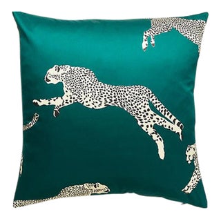 The House of Scalamandré Leaping Cheetah Pillow, Evergreen For Sale