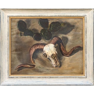 Charles Schorre Modern Naturalistic Ram Skull and Cactus Western Desert Landscape Painting, Mid 20th Century For Sale