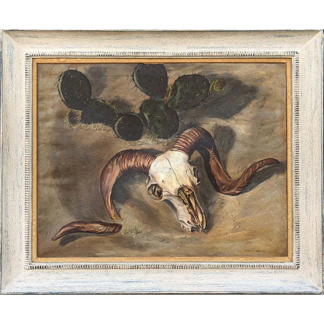 Charles Schorre Modern Naturalistic Ram Skull and Cactus Western Desert Landscape Painting, Mid 20th Century For Sale