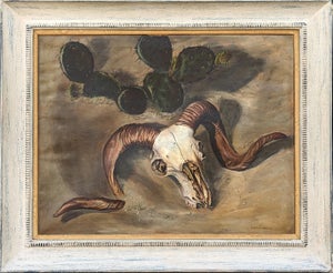 Charles Schorre Modern Naturalistic Ram Skull and Cactus Western Desert Landscape Painting, Mid 20th Century