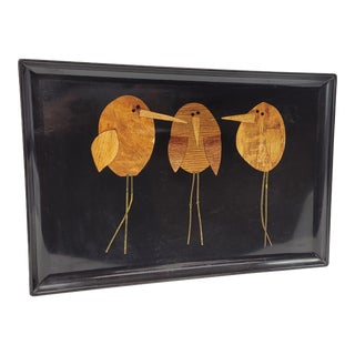 1960s Mid Century Couroc Black Vintage Tray Wood and Brass Inlaid Sand Pipers For Sale
