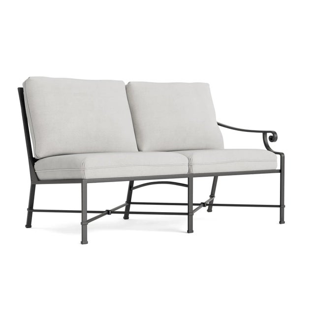 Brown Jordan Venetian Right Arm Loveseat, Textured Pewter frame with Fusion Dove fabric For Sale - Image 12 of 12