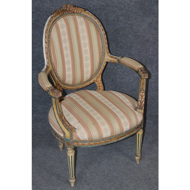 Paint Pair of 19th C. French Louis XVI Paint Decorated & Gilt Carved Armchairs For Sale - Image 7 of 12
