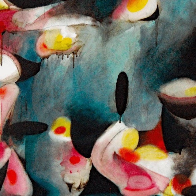 This abstract oil painting by Daniel Kettelhut evokes a fluid, dreamlike landscape where organic forms drift through a...