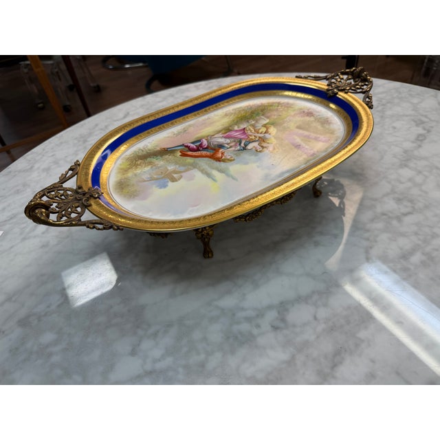 Hutschenreuther China Vintage Hutschenreuther Bavaria Porcelain Vanity Tray – Fragonard Courting Scene With Cobalt & Gold Ormolu-Style Rim For Sale - Image 4 of 7