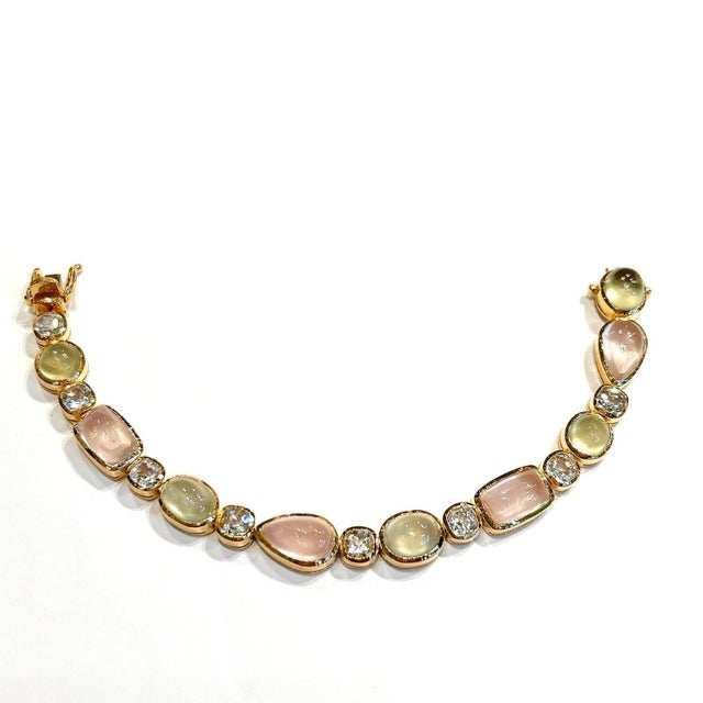 Gemstone Bochic "Capri" Pink Quartz, Peridot, Topaz Bracelet Bangle Set 18K Gold & Silver For Sale - Image 7 of 12