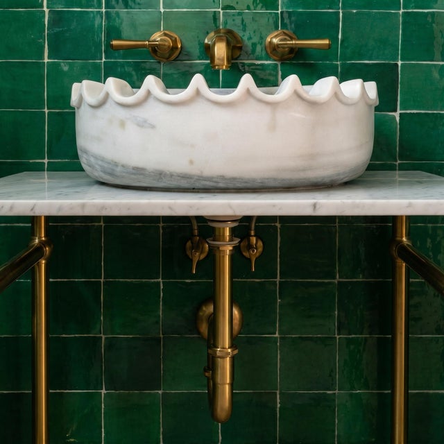 White White Marble Scalloped Wall Mounted Sink, Handcrafted Luxury Stone Bathroom Vanity Basin For Sale - Image 8 of 9