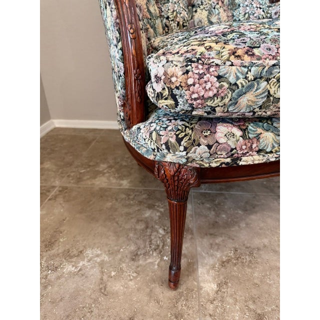 Wood Pair of Vintage Victorian-Style Floral Wingback Chairs For Sale - Image 7 of 9