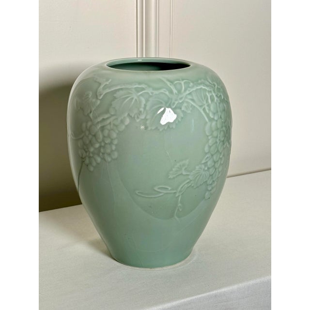Chinoiserie Asian Celadon Green Embossed Porcelain Vase, Grapes & Grapevine For Sale - Image 3 of 9