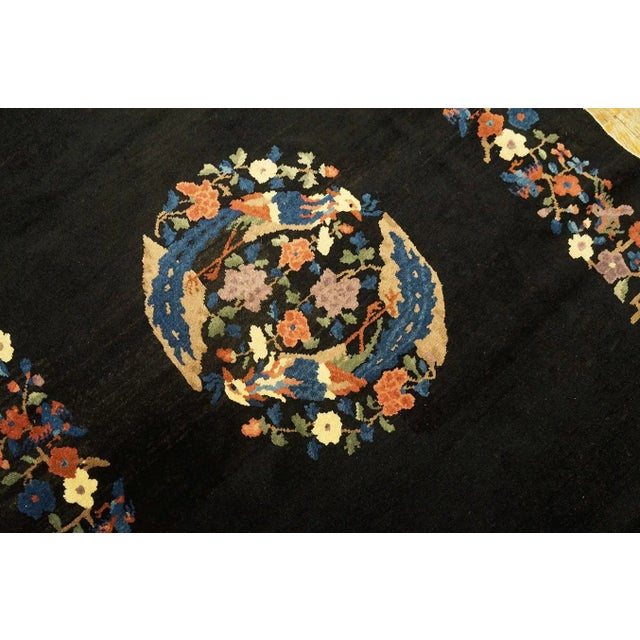 1920s Black Medallion Floral Antique Oval Chinese Art Deco Carpet 4'1" X 6'10" Wool Knotted Rug For Sale In New York - Image 6 of 9