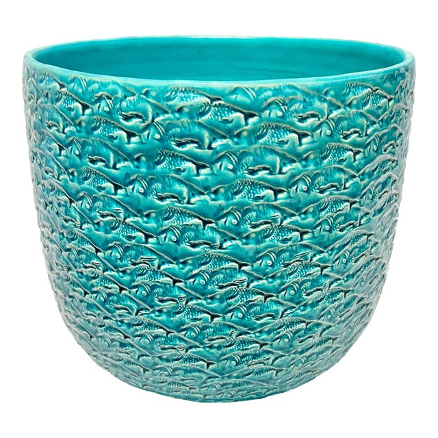 Vintage Ceramicosta Portugal Turquoise Textured Planter – Large Ceramic Cachepot For Sale