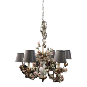 Meissen Style Porcelain Figural Floral Chandelier With Gilt Details Italian Made