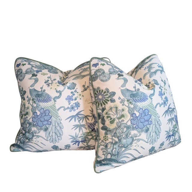 Lee Jofa Sakura print in teal represent Japanese decorative textiles with elegant birds, dogwoods and bamboo. Print is...