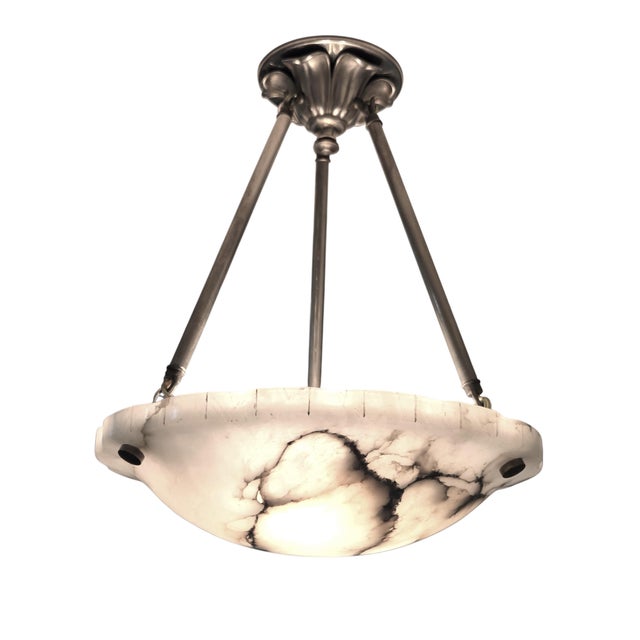 1930s French Art Deco Alabaster Pendant Light, White W/ Charcoal Grey Veining For Sale - Image 13 of 17
