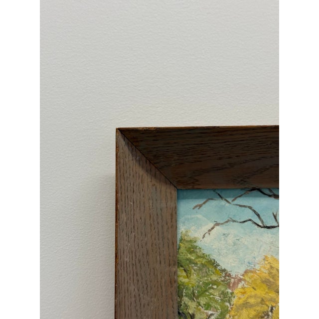 Wood 1970s Landscape Painting of River Beside a Tree & a White Broken Picket Fence, Signed Mary J. Kinderman For Sale - Image 7 of 10