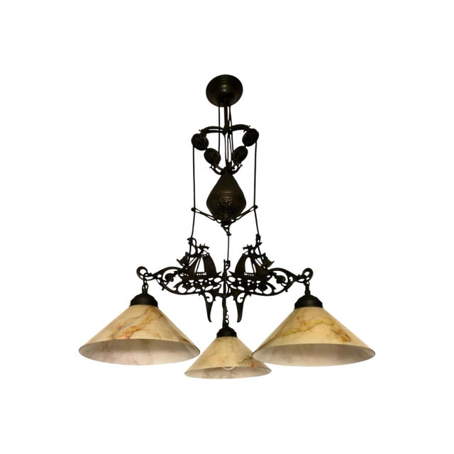 Nautical Vintage Nautical Cast Iron Chandelier With Opaline Glass Shades – 3 Lights For Sale - Image 3 of 9