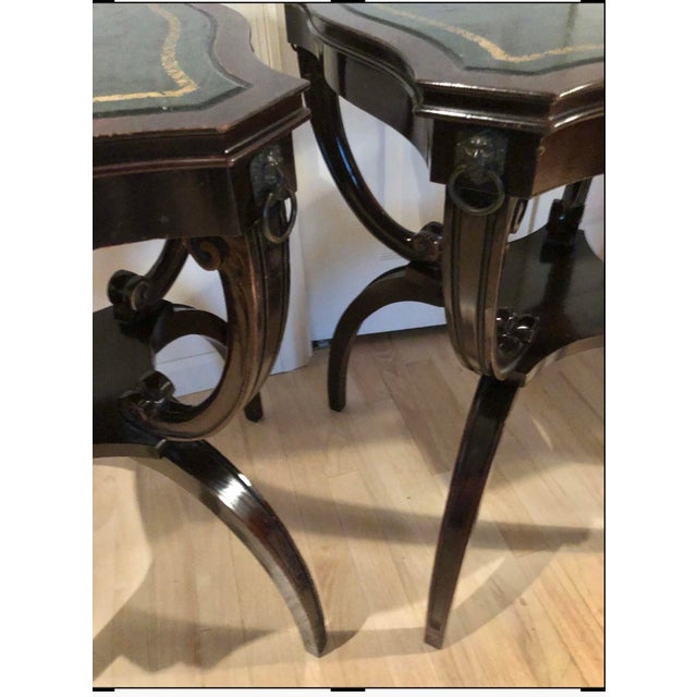 Vintage 1900’s-1940’S Mahogany Green Top Brass Gold Embossed End Tables - a Pair For Sale - Image 10 of 13