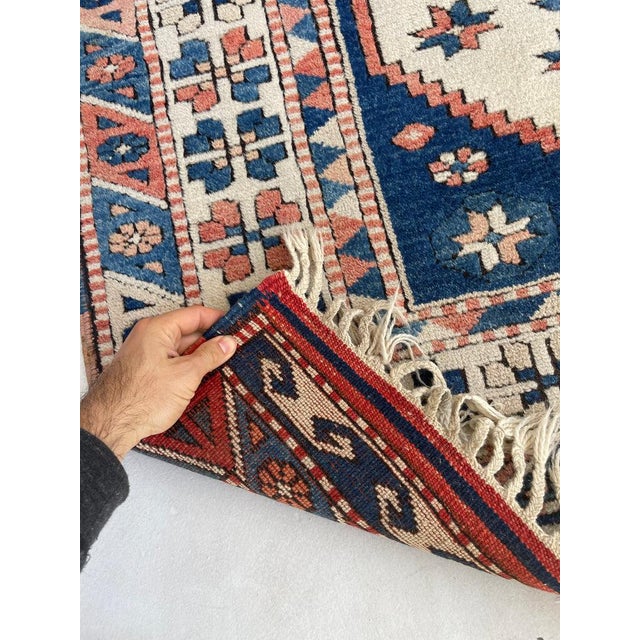 Vintage Turkish Navy, Blush, Apricot, Soft Salmon, Beige with Braided Fringe Rug 3.5 x 5.8 For Sale In Milwaukee - Image 6 of 10