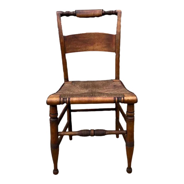 Antique Early American Primitive Style Rush Seat Side Chair For Sale