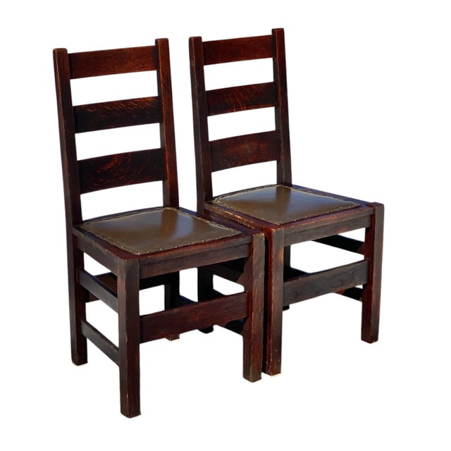Arts & Crafts Early 20th Century Pair of Antique Stickley Brothers Quaint Furniture Oak Chairs For Sale - Image 3 of 12