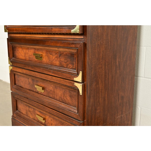Henredon Style Mid-Century Modern Hollywood Regency Campaign Burled Walnut Bookcase With Drop Front Secretary Desk, Circa 1970s For Sale - Image 10 of 15