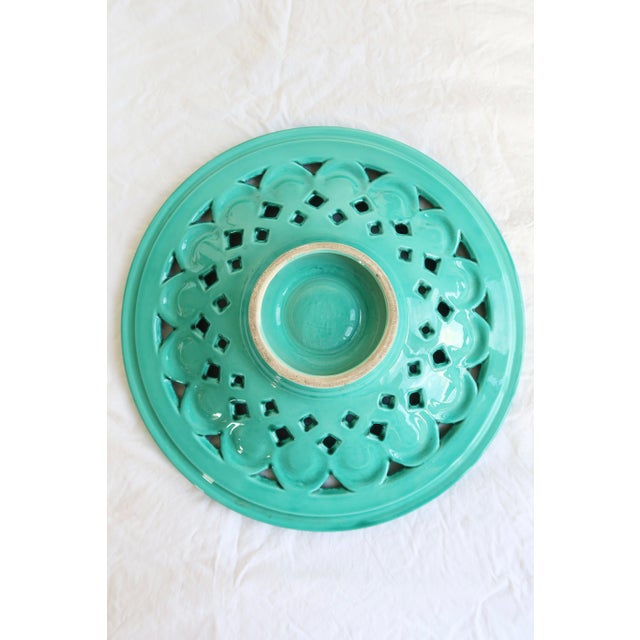 Large Vintage Turquoise Ceramic Bowl with Openwork Braided Pattern, 1950s For Sale - Image 6 of 8